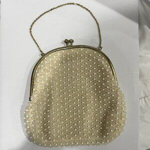 Vtg 60's Corde-Bead By Lumured Evening Bag Clutch- Ivory Bead Gold Trim USA